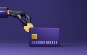 Image of a robot taking a coin from a credit card. This is just figurate of a scam.