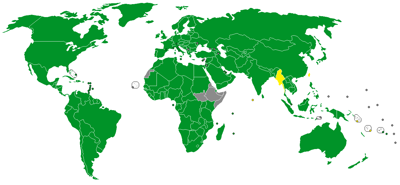 Map of the world showing signatories of the Paris Convention in green. WTO members in yellow also participate without having signed the treaty.
